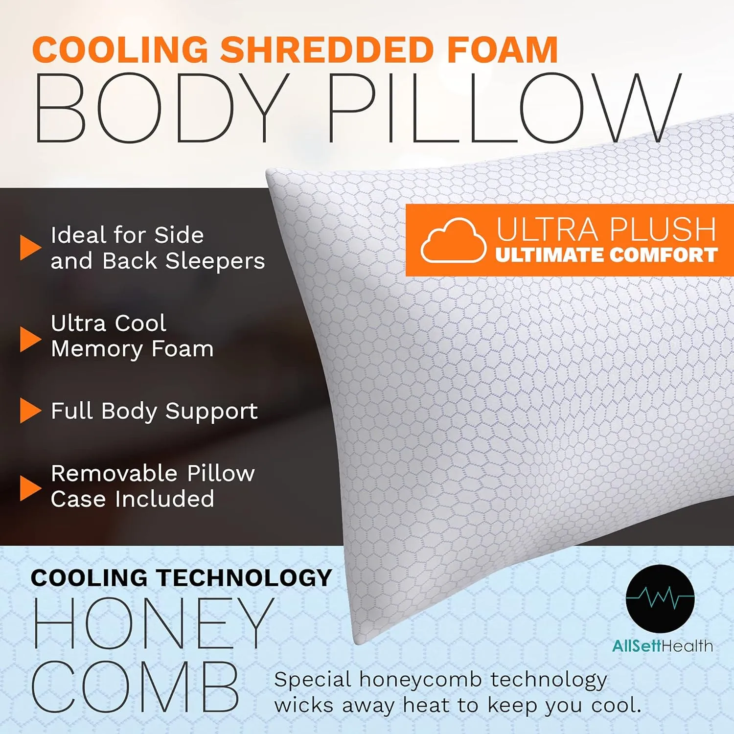 AllSett Health XXL Shredded Memory Foam Body Pillow | Long Cooling Bed Pillow for Adults - Extra Support for Side Sleepers and Pregnanc - 20" x 54”   Bonus Machine Washable Pillow Case