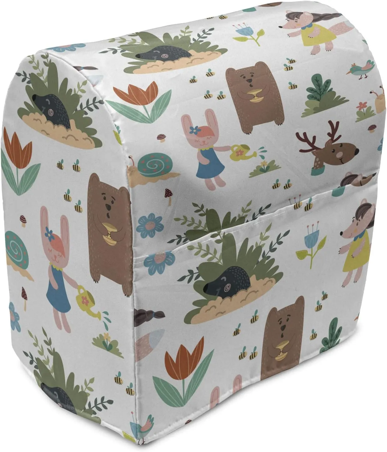 Ambesonne Animal Stand Mixer Cover, Funny Adventure in Woodland Themed Happy Deer Mole and Leafy Flowers Huddle Pattern, Kitchen Appliance Organizer Bag Cover with a Pocket, 6-8 Quarts, Multicolor