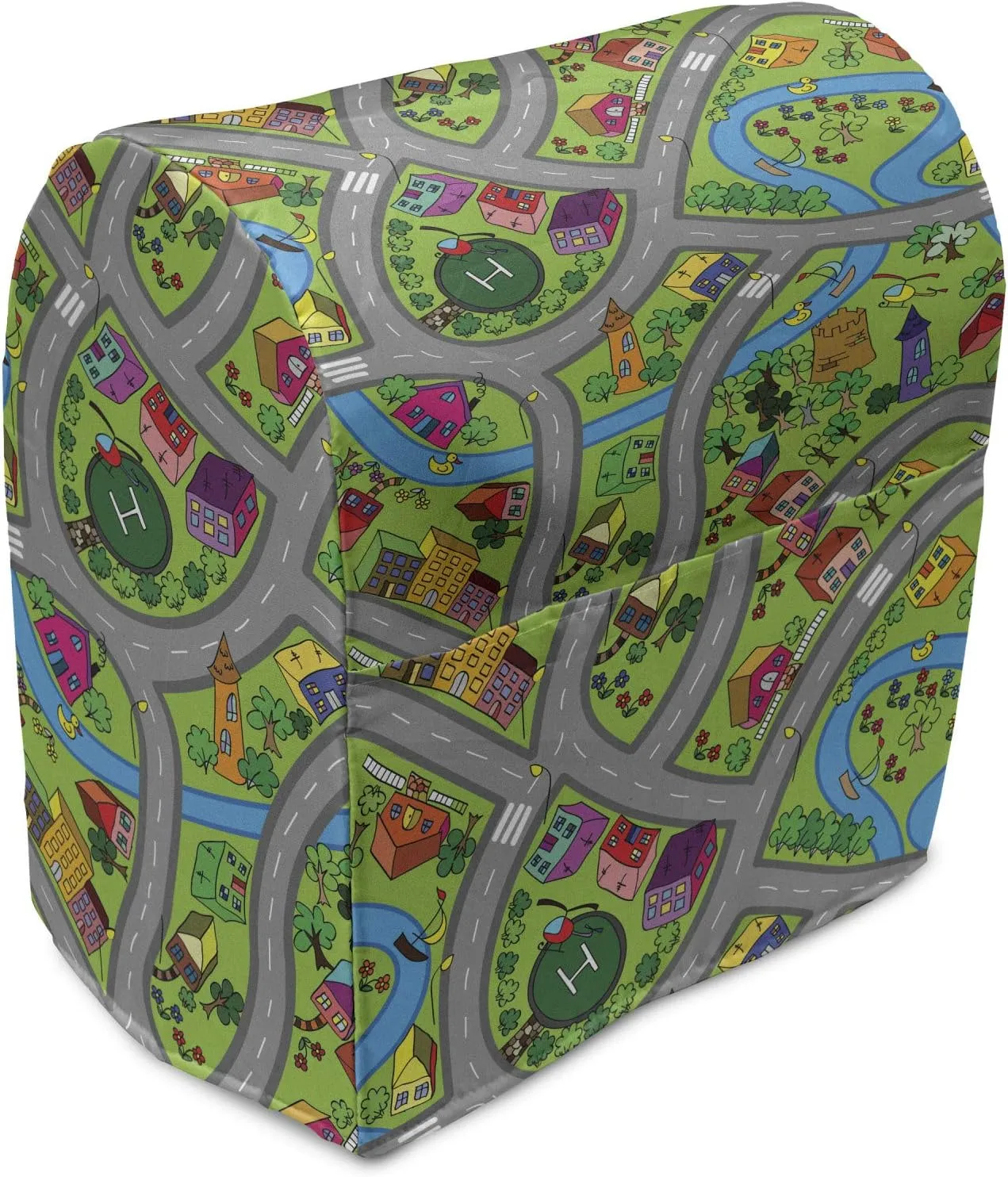 Ambesonne Car Race Track Stand Mixer Cover, Hand-Drawn Style Suburb Cartoon Roadway Activity Design Neighborhood, Kitchen Appliance Organizer Bag Cover with a Pocket, 6-8 Quarts, Multicolor