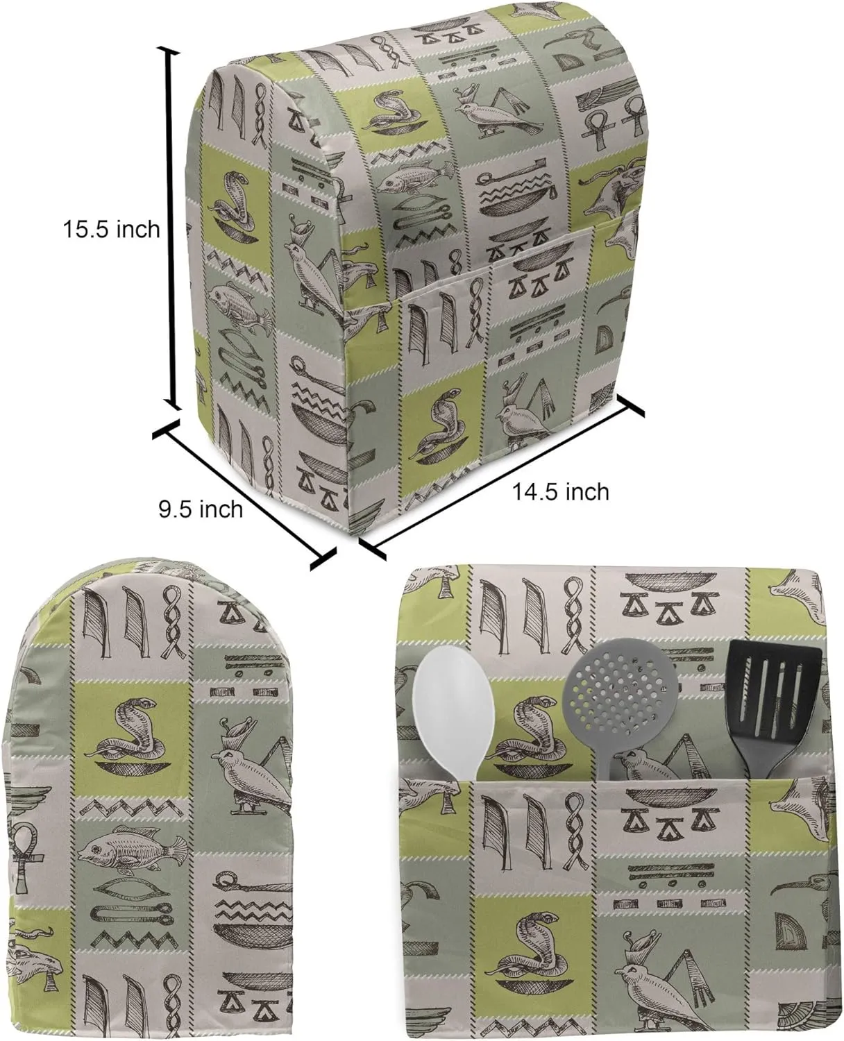 Ambesonne Egyptian Print Stand Mixer Cover, Historical Papyrus Manuscripts Inspired Hieroglyphs Animals, Kitchen Appliance Organizer Bag Cover with Pockets, 6-8 Quarts, Reseda Green