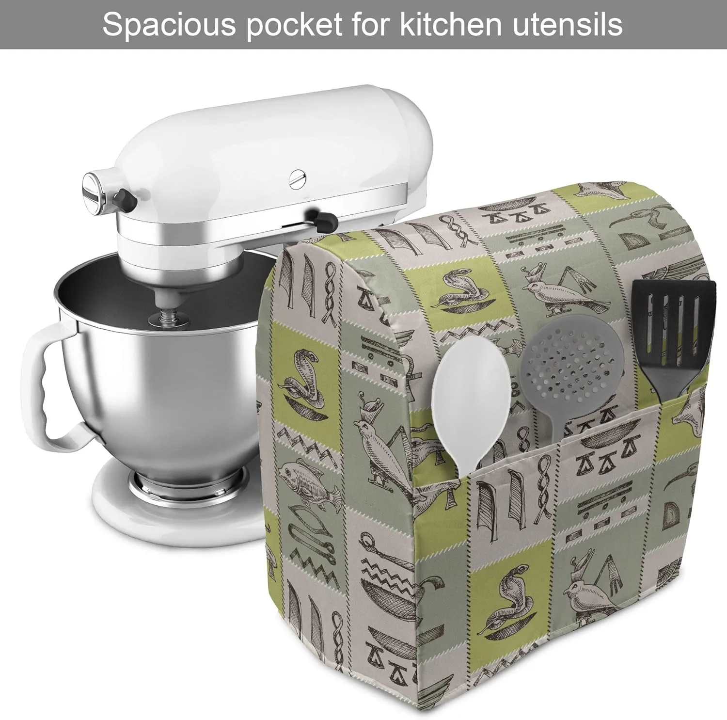 Ambesonne Egyptian Print Stand Mixer Cover, Historical Papyrus Manuscripts Inspired Hieroglyphs Animals, Kitchen Appliance Organizer Bag Cover with Pockets, 6-8 Quarts, Reseda Green