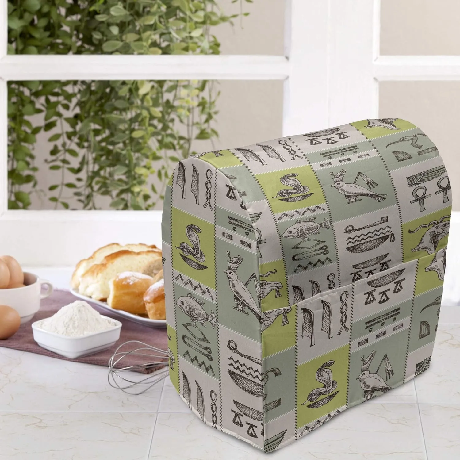 Ambesonne Egyptian Print Stand Mixer Cover, Historical Papyrus Manuscripts Inspired Hieroglyphs Animals, Kitchen Appliance Organizer Bag Cover with Pockets, 6-8 Quarts, Reseda Green