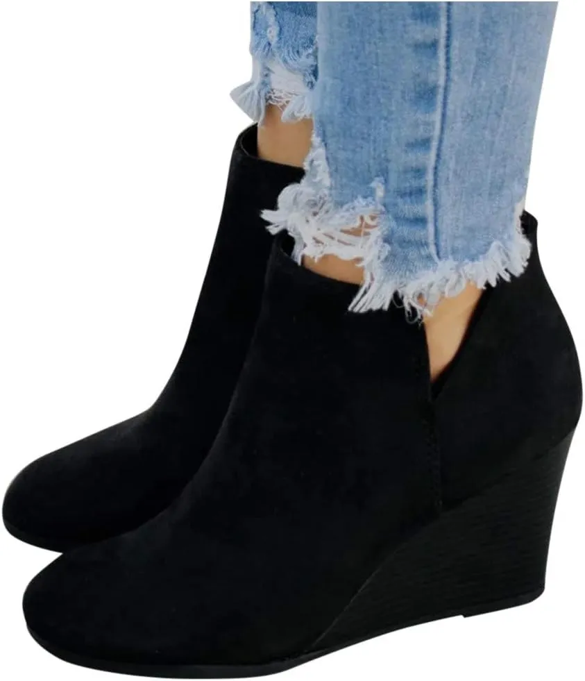 AMDBEL Booties for Women Dressy 2024 Ankle Boots Round Toe Wedge Short Boot Zipper Suede Winter Ladies Walking Shoes