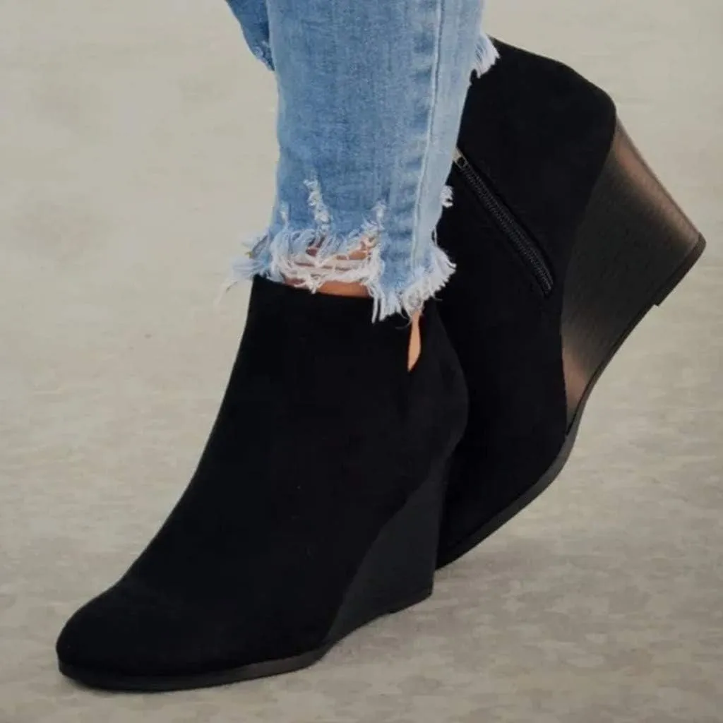 AMDBEL Booties for Women Dressy 2024 Ankle Boots Round Toe Wedge Short Boot Zipper Suede Winter Ladies Walking Shoes