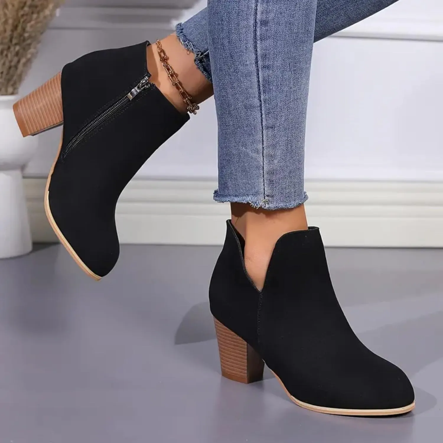 AMDBEL Booties for Women Dressy 2024 Ankle Boots V Cut Chelsea Pump Boots Closed Toe Stacked Heel Booties Shoes