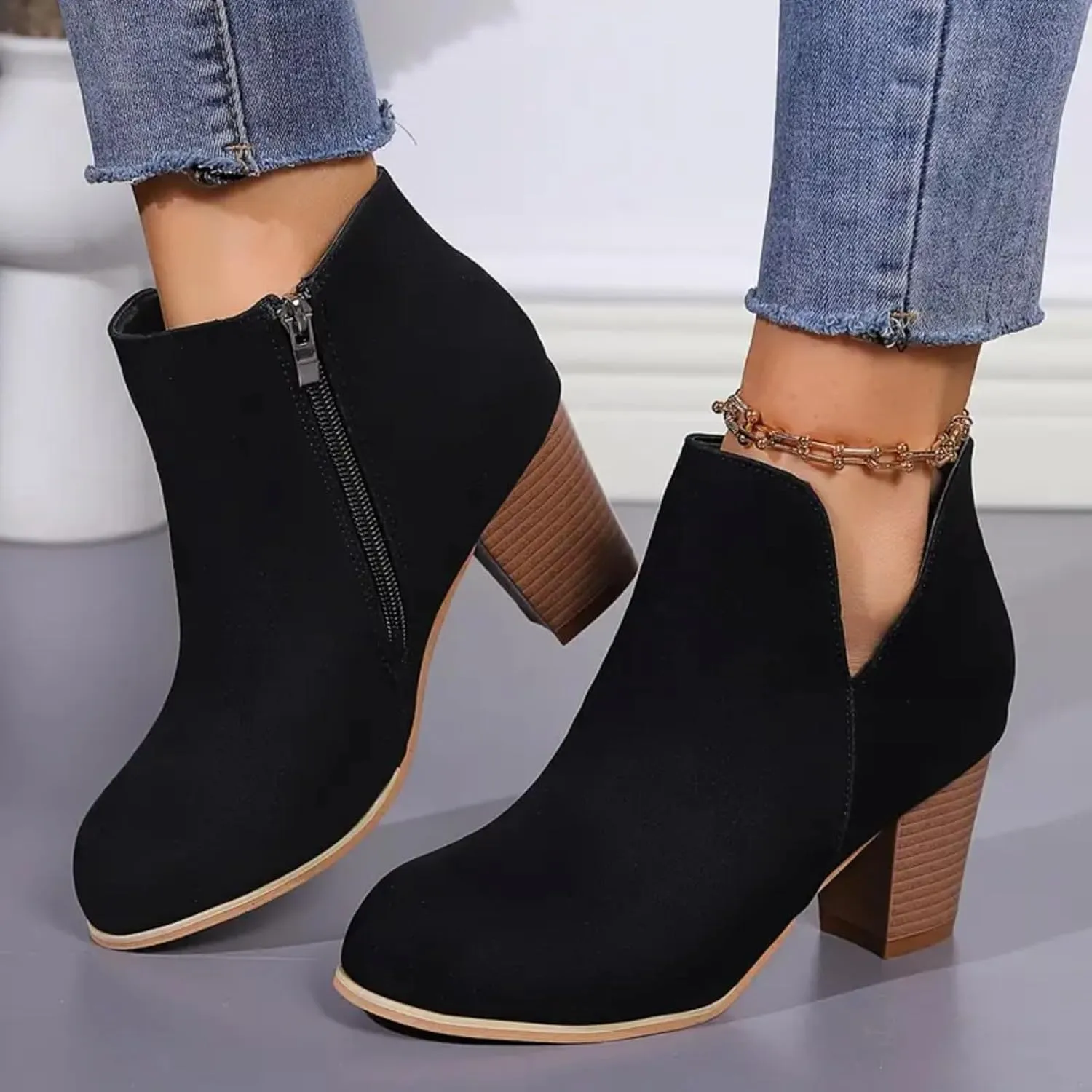 AMDBEL Booties for Women Dressy 2024 Ankle Boots V Cut Chelsea Pump Boots Closed Toe Stacked Heel Booties Shoes