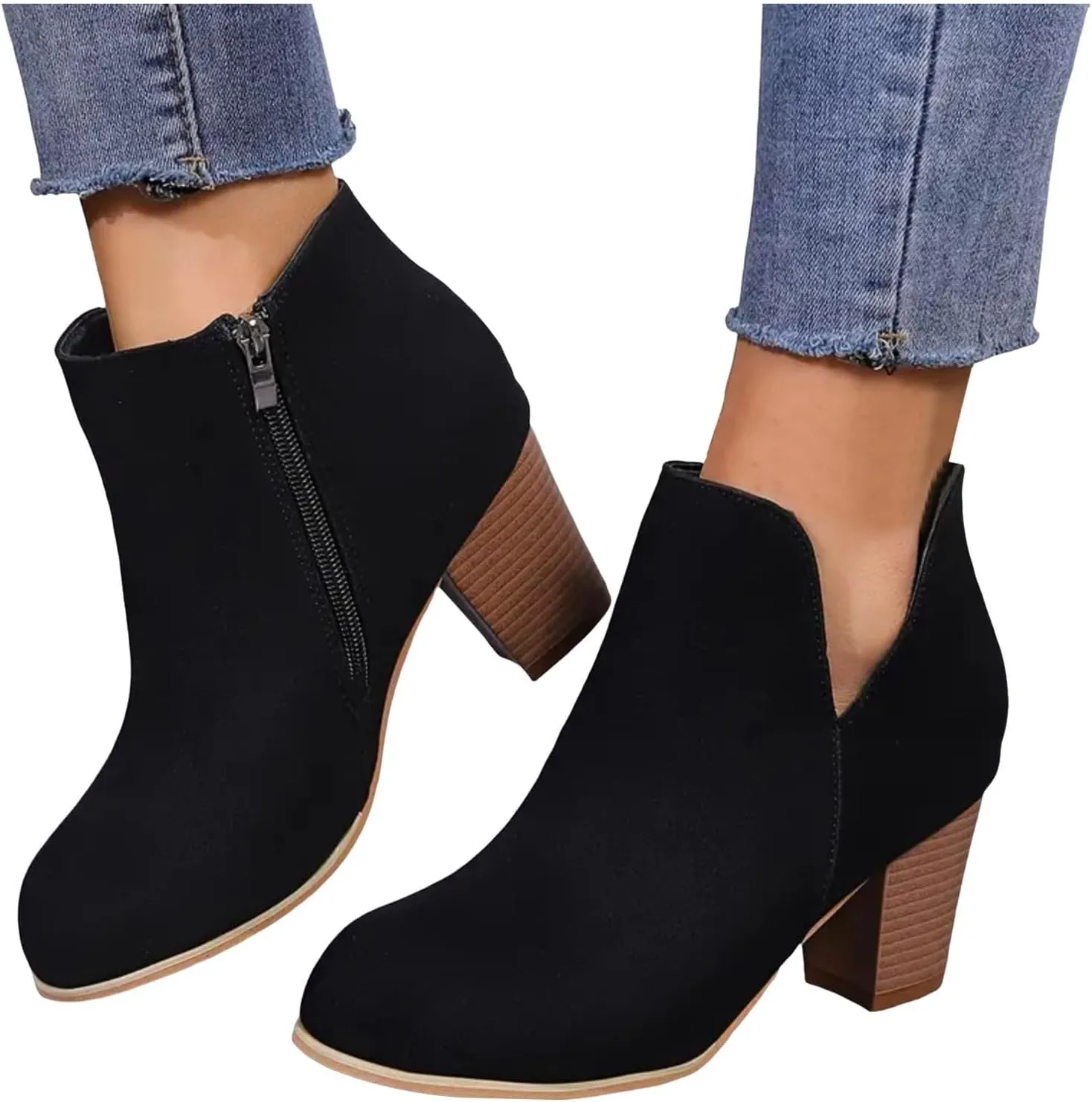 AMDBEL Booties for Women Dressy 2024 Ankle Boots V Cut Chelsea Pump Boots Closed Toe Stacked Heel Booties Shoes