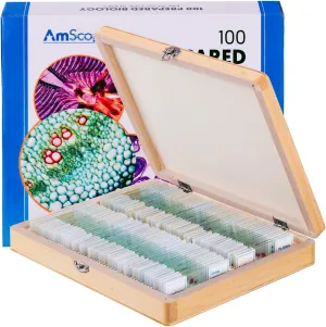 AmScope PS100D Prepared Microscope Slide Set for Basic Biological Science Education, 100 Anatomy and Botany Slides, Set D, Includes Fitted Wooden Case