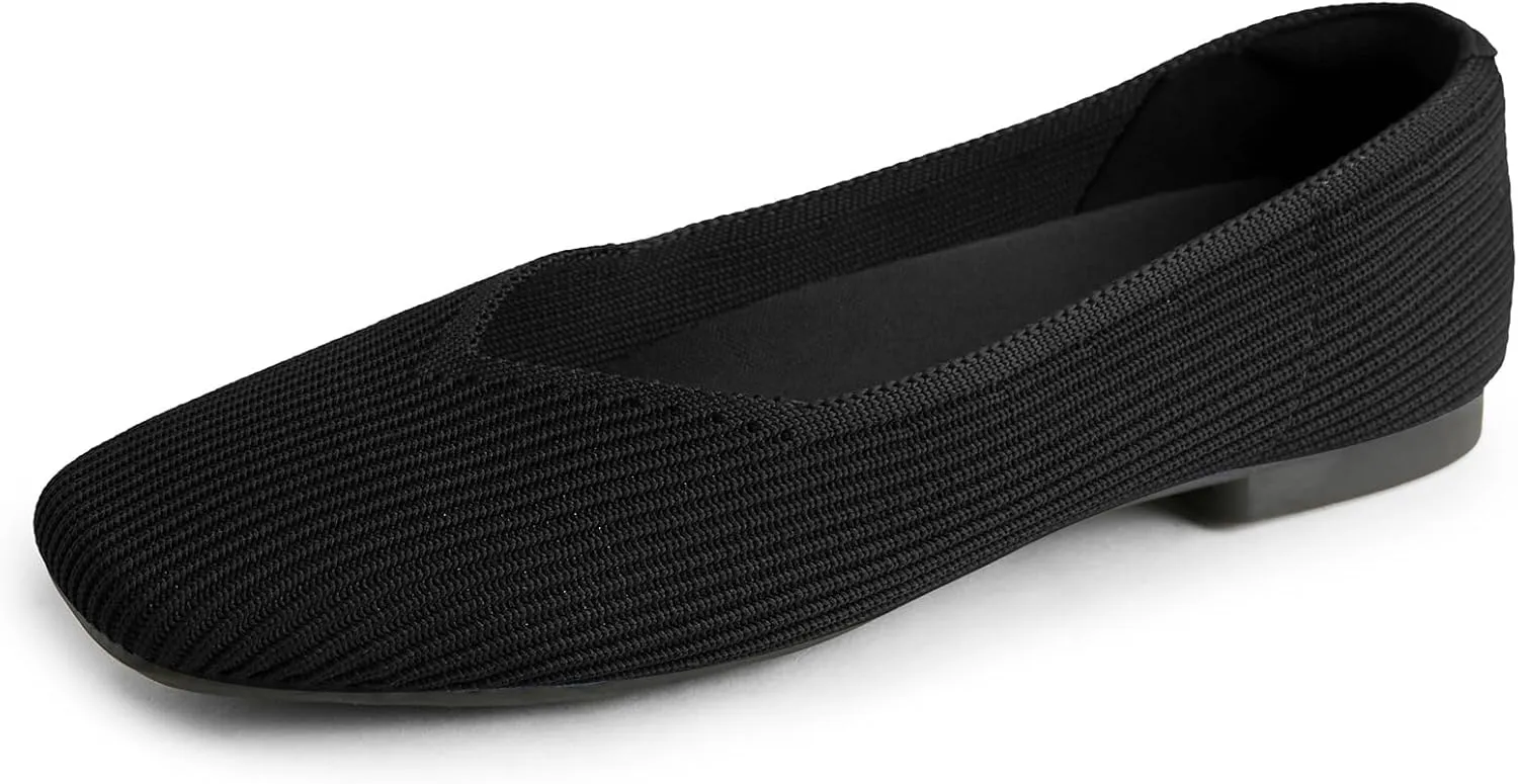 Arromic Black Flats Shoes for Women, Square Toe Ballet Flats Shoes, Washable Comfortable Knit Flats for Women, Soft Slip on Black Flats for Dressy Wedding Work Office Casual