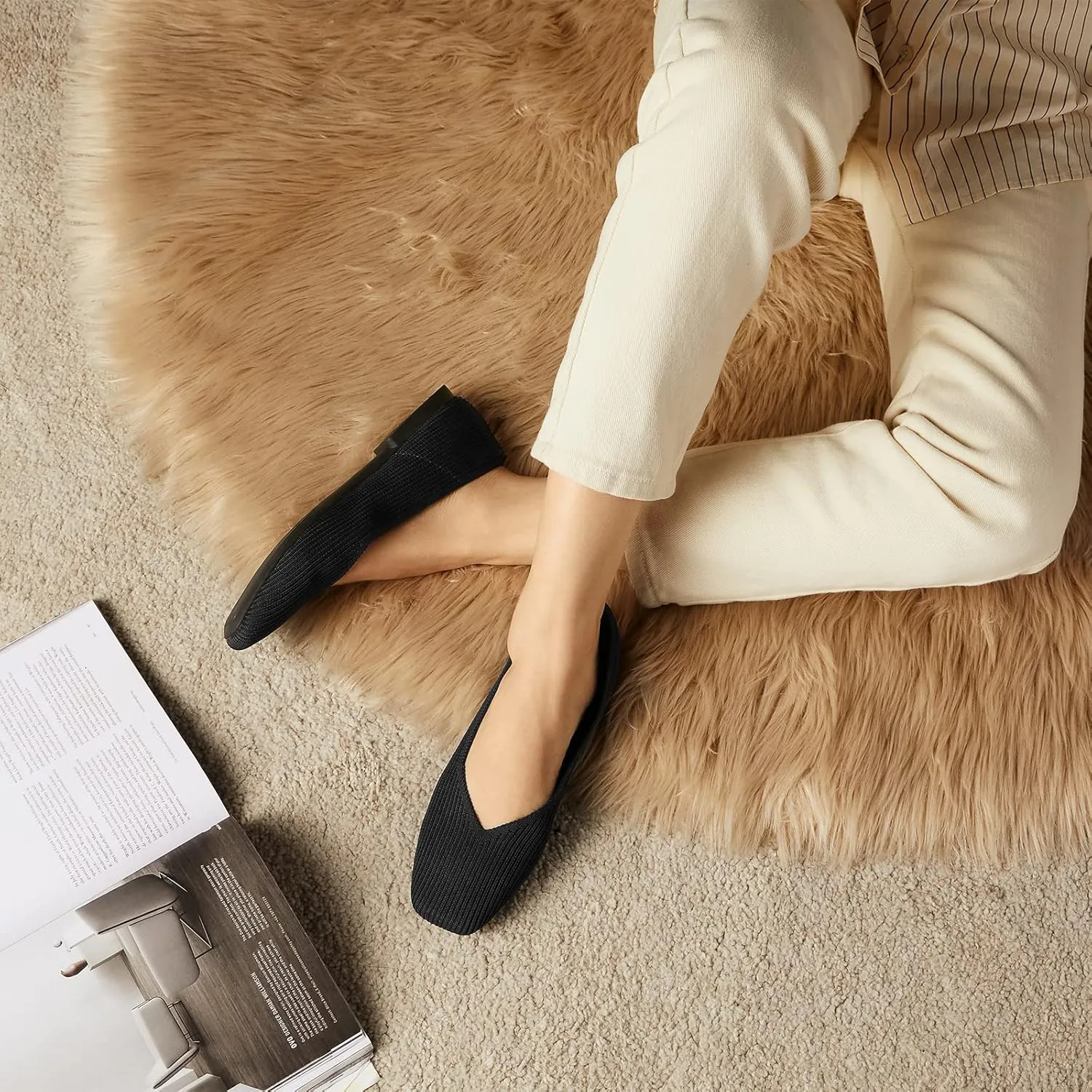 Arromic Black Flats Shoes for Women, Square Toe Ballet Flats Shoes, Washable Comfortable Knit Flats for Women, Soft Slip on Black Flats for Dressy Wedding Work Office Casual