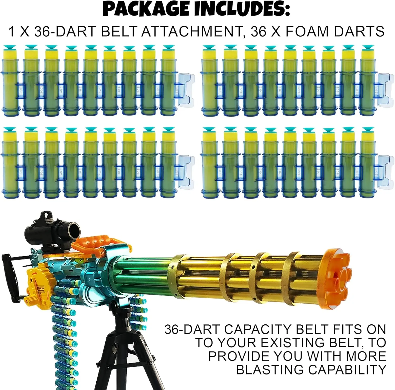 ArtCreativity Foam Bullets Refill for Electronic Gatling Toy Gun, 36 Darts with Bullet Belt Attachment, Gatling Gun Refill Darts for More Trigger-Happy Fun, Easily Clips to The Existing Bullet Chain