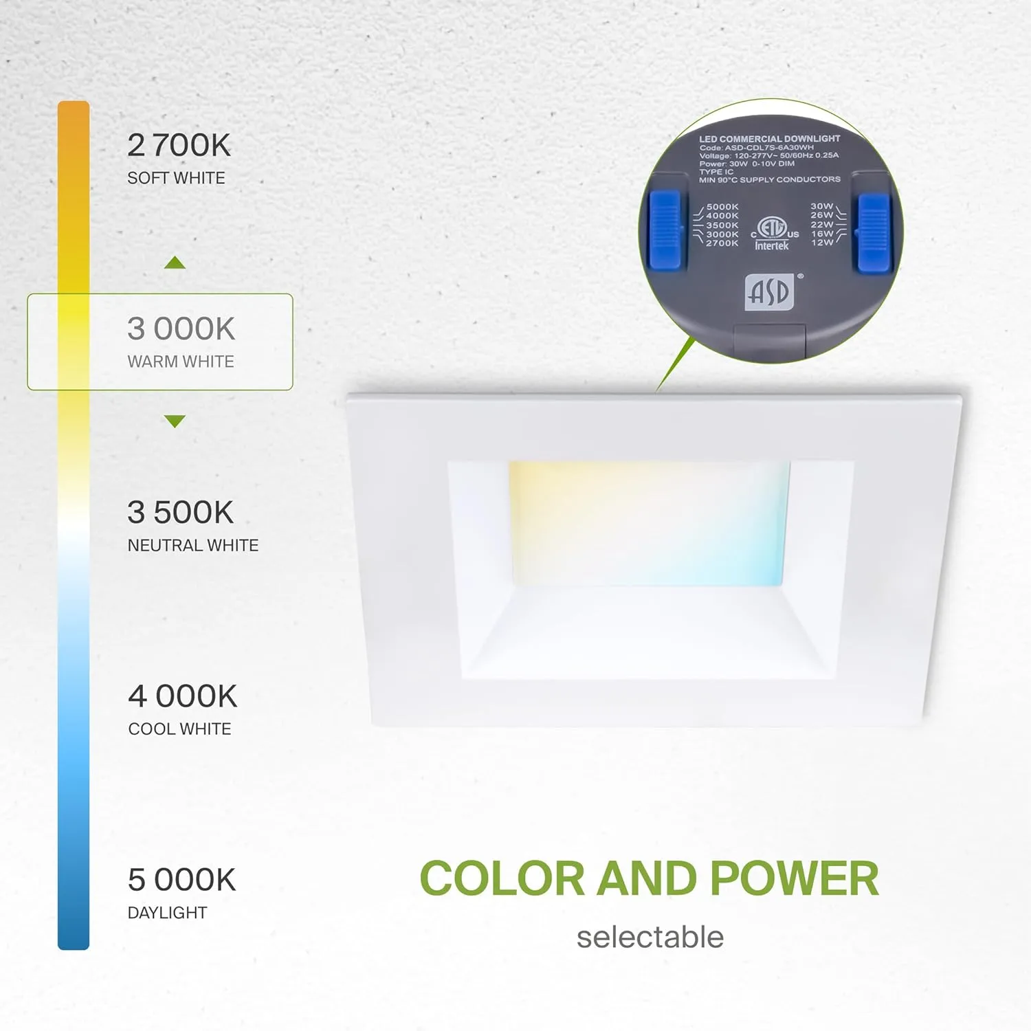 ASD Commercial LED Downlight 6 Inch, Square Power Adjustable Downlights 12/16/22/26/30W, Canless LED Recessed Lighting 120-277V, 5 CCT 2700K-5000K, Dimmable Ceiling Light Fixture, IC Rated, White ETL