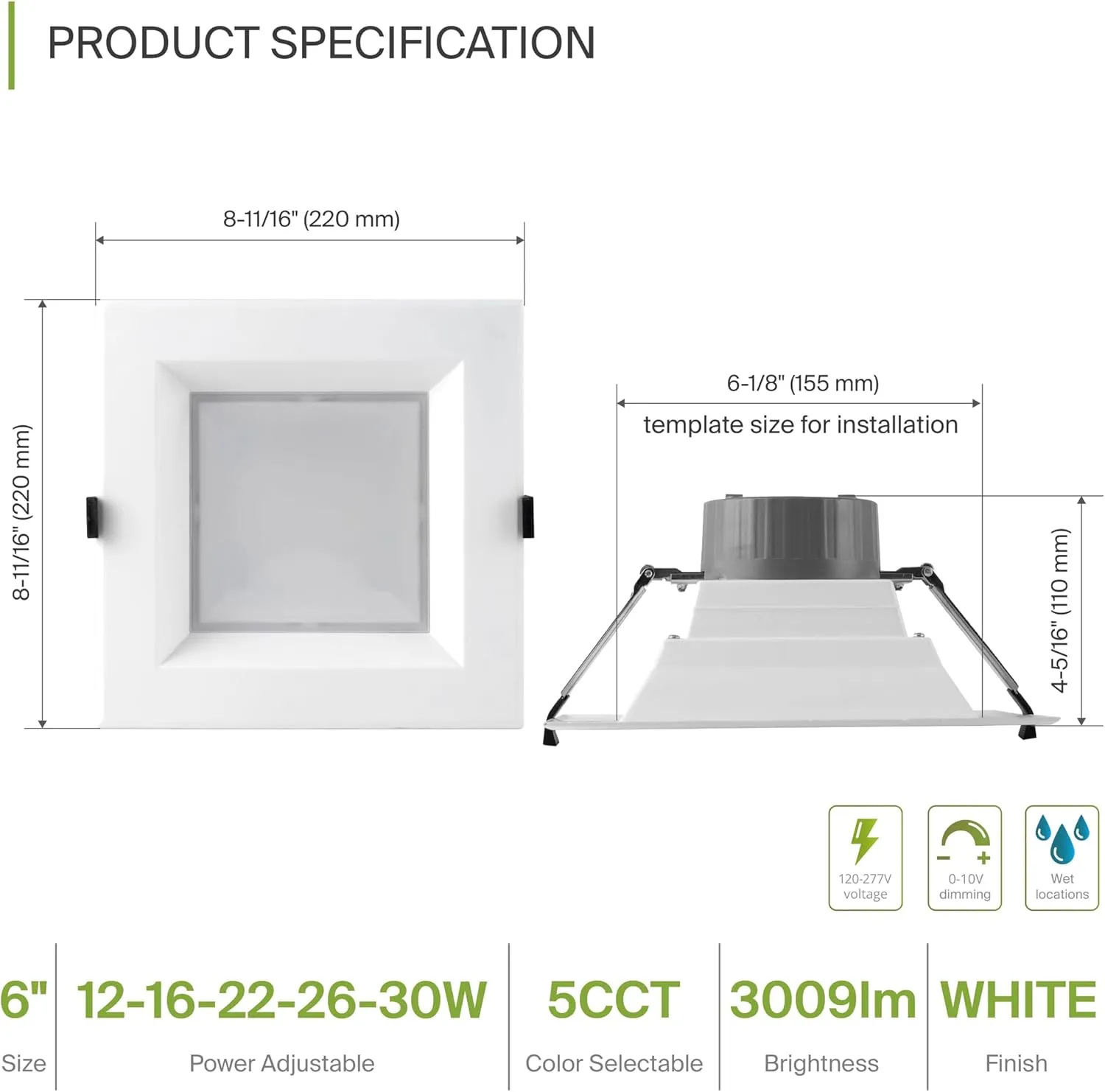 ASD Commercial LED Downlight 6 Inch, Square Power Adjustable Downlights 12/16/22/26/30W, Canless LED Recessed Lighting 120-277V, 5 CCT 2700K-5000K, Dimmable Ceiling Light Fixture, IC Rated, White ETL