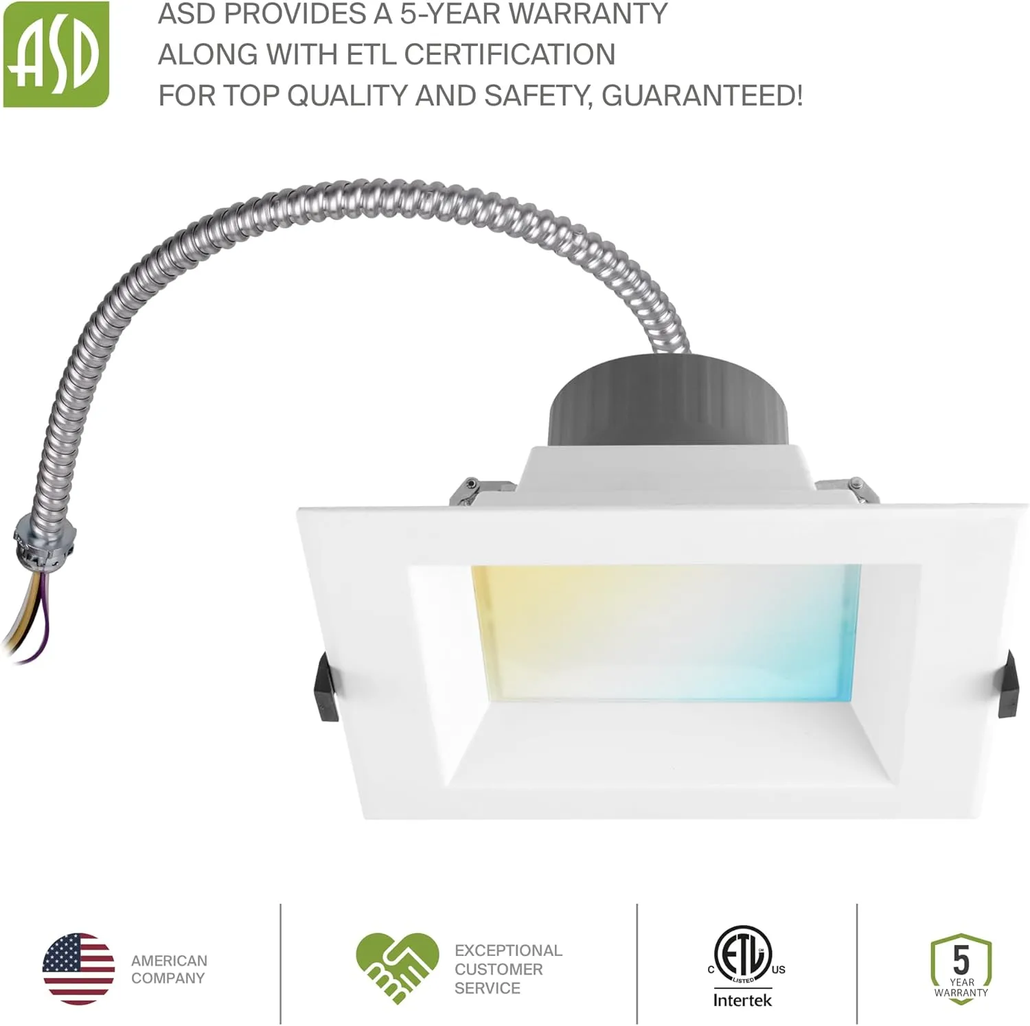 ASD Commercial LED Downlight 6 Inch, Square Power Adjustable Downlights 12/16/22/26/30W, Canless LED Recessed Lighting 120-277V, 5 CCT 2700K-5000K, Dimmable Ceiling Light Fixture, IC Rated, White ETL
