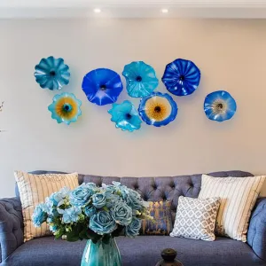 Bakspa 1PC Modern Hand Blown Art Glass Platter Wall Decor for Walls, Unique Blown Glass Wall Art, 12 Inch Blue Accent for Staircase, Hallway, Living Room, Kitchen
