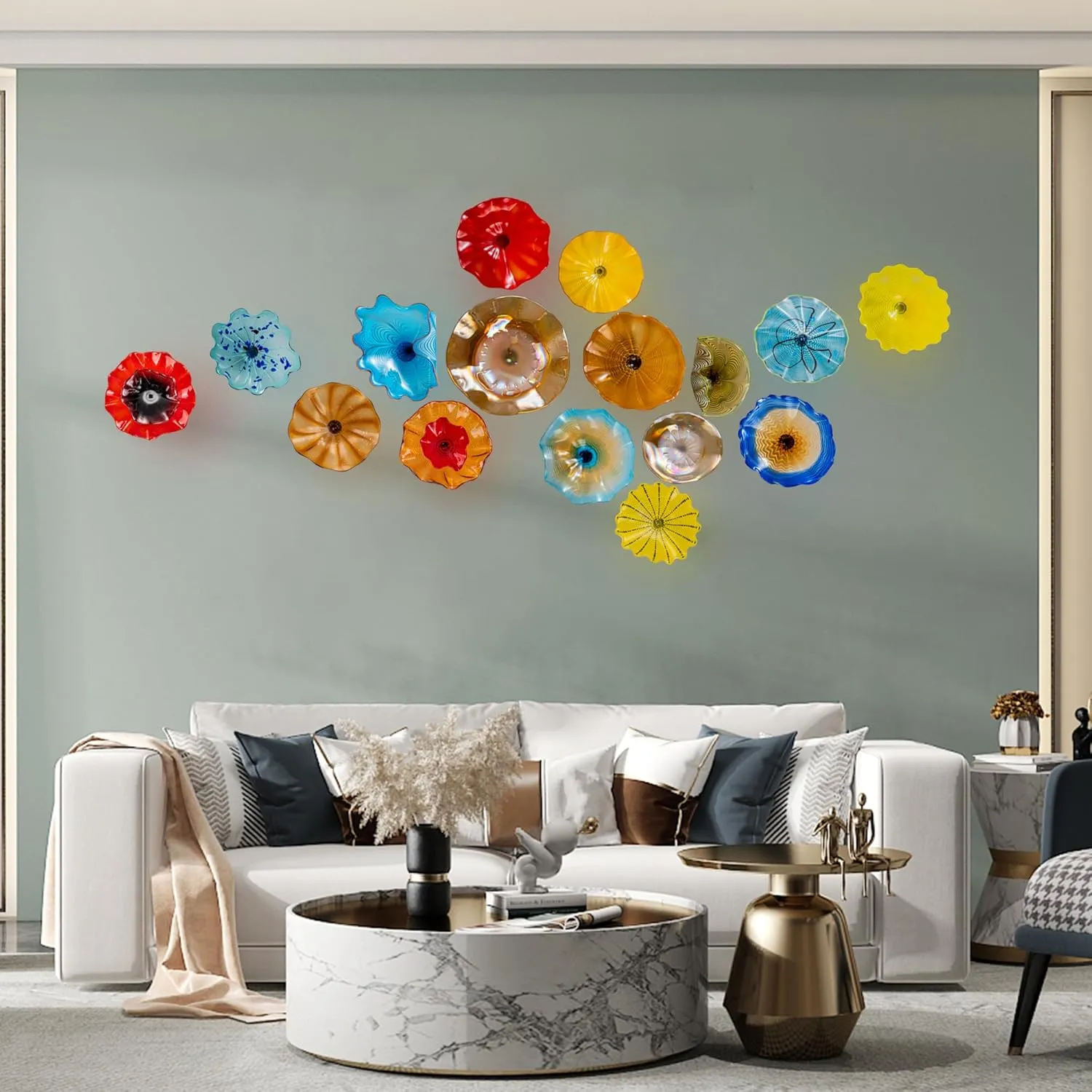 Bakspa 1PC Modern Hand Blown Art Glass Platter Wall Decor for Walls, Unique Blown Glass Wall Art, 12 Inch Blue Accent for Staircase, Hallway, Living Room, Kitchen