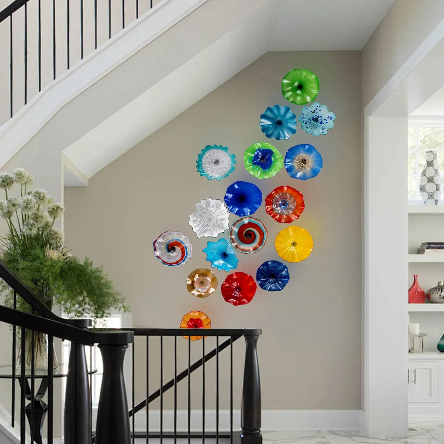 Bakspa 1PC Modern Hand Blown Art Glass Platter Wall Decor for Walls, Unique Blown Glass Wall Art, 12 Inch Blue Accent for Staircase, Hallway, Living Room, Kitchen