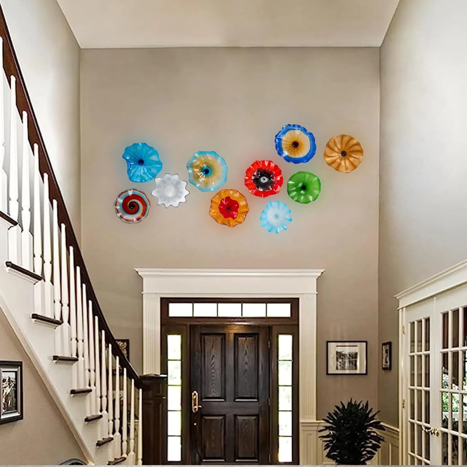 Bakspa 1PC Modern Hand Blown Art Glass Platter Wall Decor for Walls, Unique Blown Glass Wall Art, 12 Inch Blue Accent for Staircase, Hallway, Living Room, Kitchen