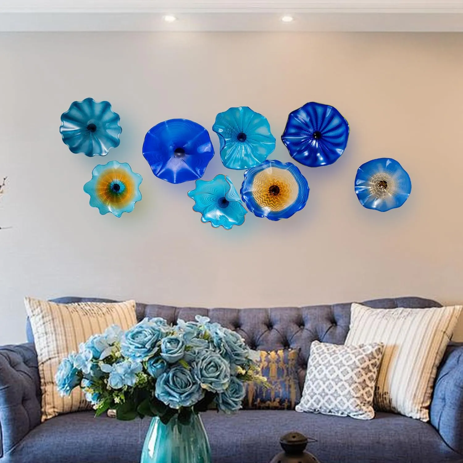 Bakspa 1PC Modern Hand Blown Art Glass Platter Wall Decor for Walls, Unique Blown Glass Wall Art, 12 Inch Blue Accent for Staircase, Hallway, Living Room, Kitchen
