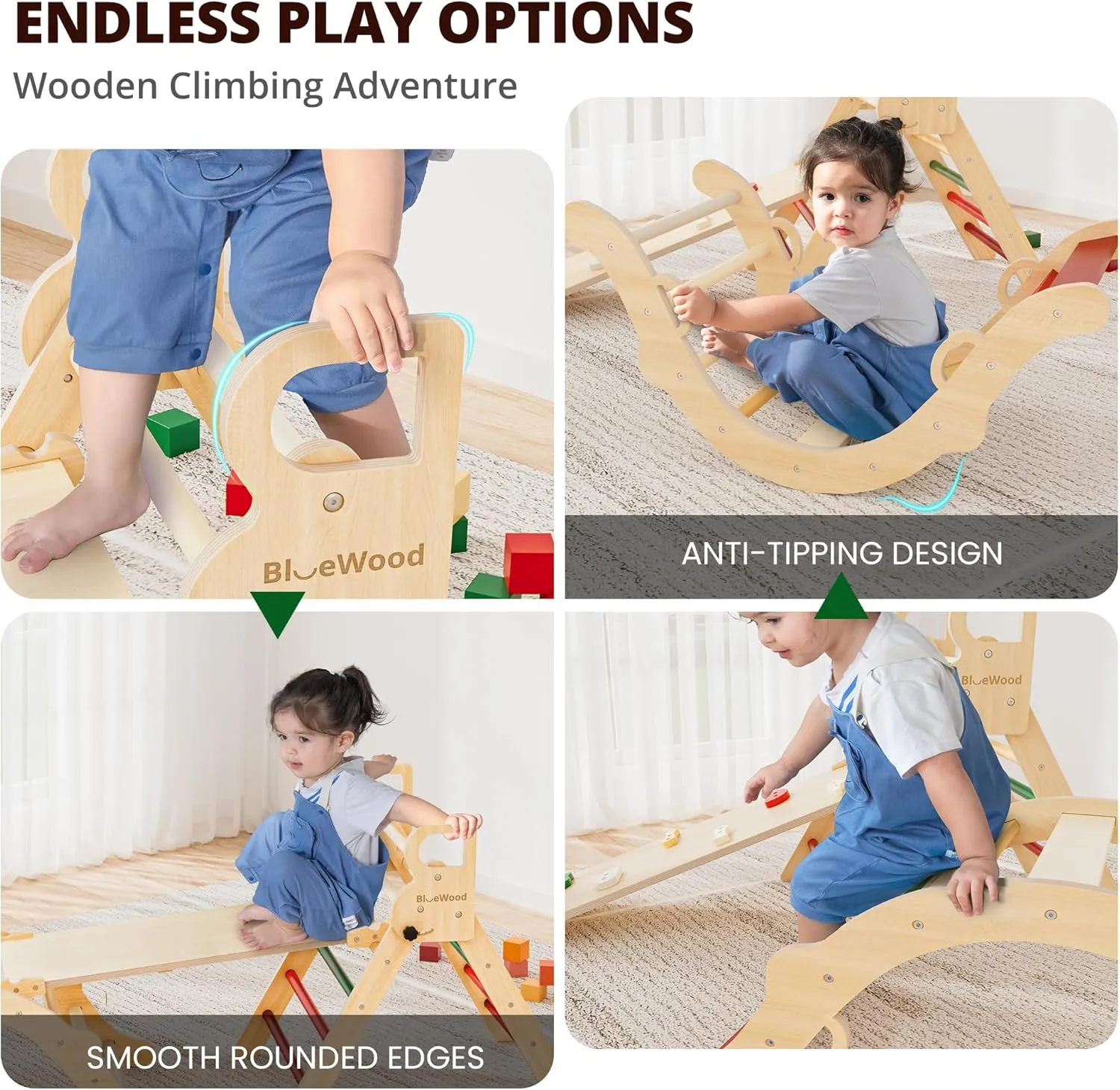 BlueWood Pikler Triangle Set, Toddler Wooden Climbing Toys Indoor 7in1 Foldable Climber for Kids, Montessori Philosophy Play Jungle Gym with Arch, Ramp, Ladder (Warm Winter Christmas)