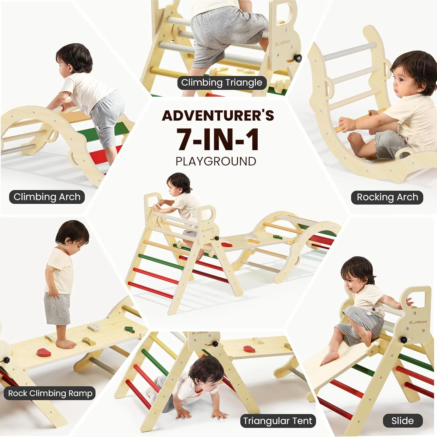 BlueWood Pikler Triangle Set, Toddler Wooden Climbing Toys Indoor 7in1 Foldable Climber for Kids, Montessori Philosophy Play Jungle Gym with Arch, Ramp, Ladder (Warm Winter Christmas)