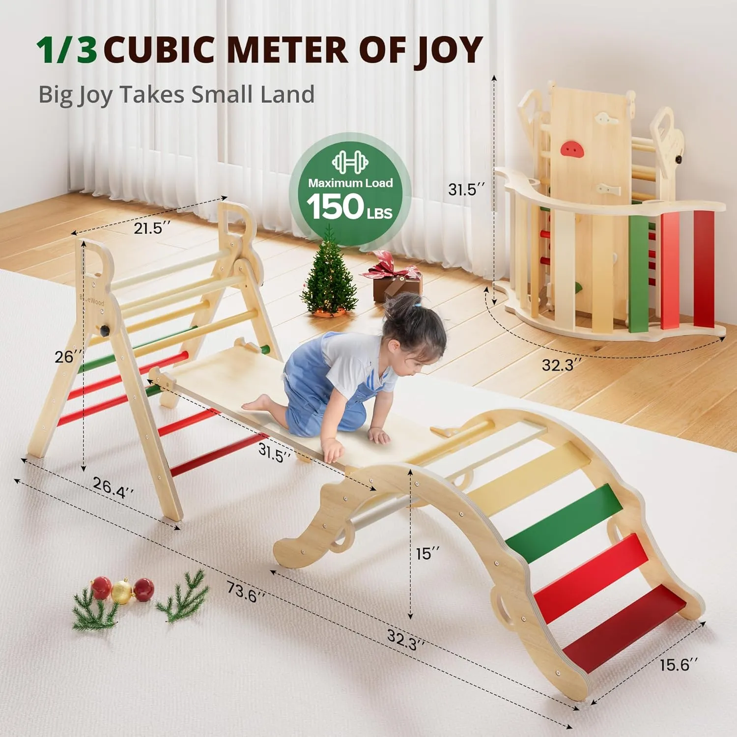 BlueWood Pikler Triangle Set, Toddler Wooden Climbing Toys Indoor 7in1 Foldable Climber for Kids, Montessori Philosophy Play Jungle Gym with Arch, Ramp, Ladder (Warm Winter Christmas)