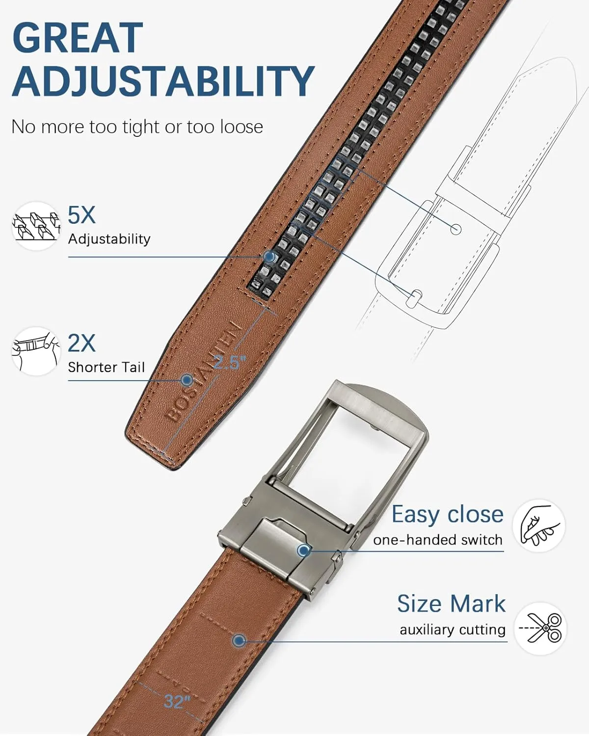 BOSTANTEN Ratchet Leather Belt For Men 2 Pack Dress and Casual with Adjustable Buckle, Trim to Fit