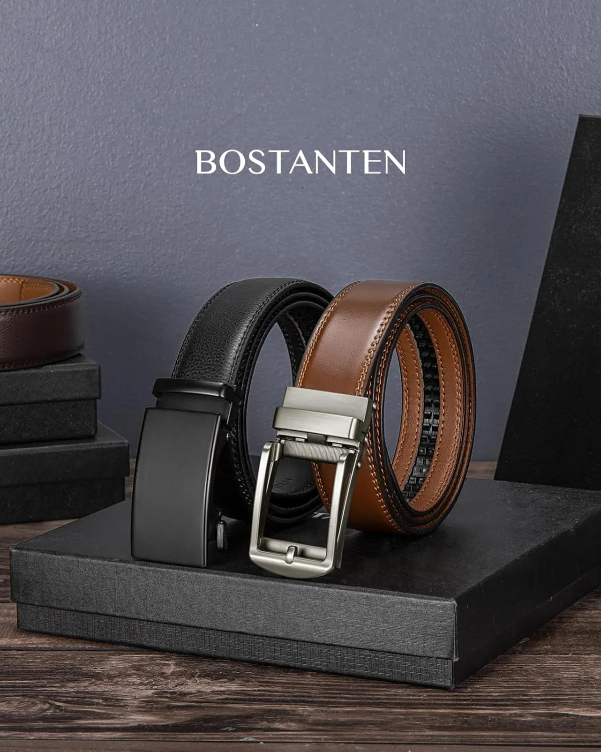 BOSTANTEN Ratchet Leather Belt For Men 2 Pack Dress and Casual with Adjustable Buckle, Trim to Fit