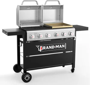 Brand-Man Griddle Grill Combo 6-Burner, 2 in 1 Versatile Propane Gas Grill and Griddle with Double Stainless Steel Lids, BBQ Combo for Outdoor Kitchen & Backyard Barbecue Cooking
