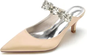 Bridal Dress Heeled Sandals Wedding Shoes Slip on Slingback Women's Pointed Satin Rhinestone Prom Party Dress Pumps