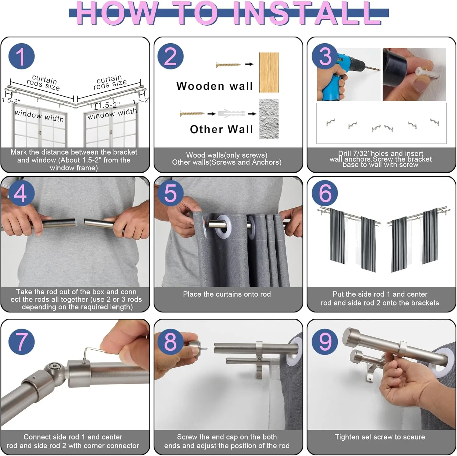 Brushed Nickel Double Corner Window Curtain Rods with Aluminum End Cap Finials and Brackets,1 Inch Diameter Dual Bay Window Curtain Rods, Adjustable 2 Sided 32-86 Inch Double Drapery Rod