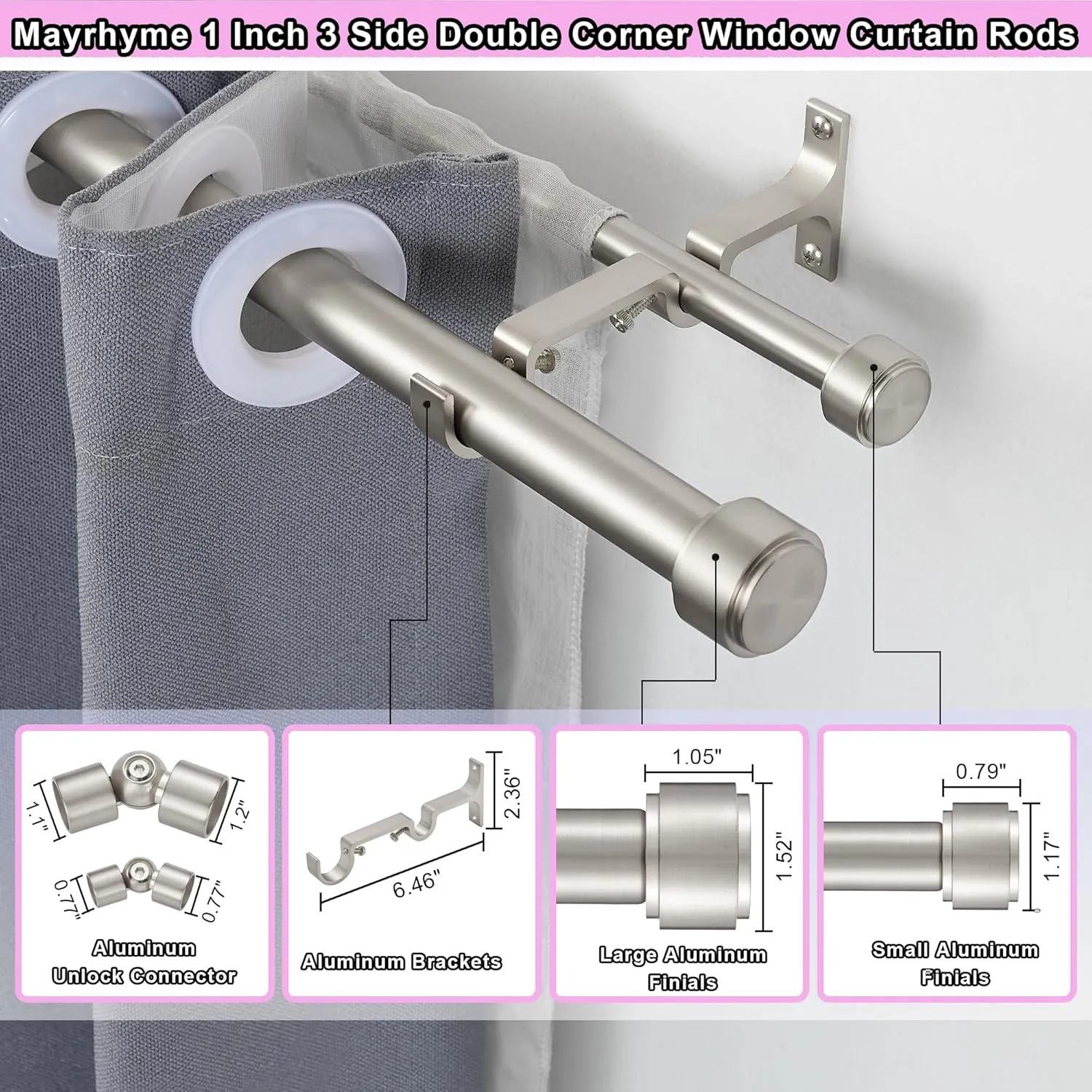 Brushed Nickel Double Corner Window Curtain Rods with Aluminum End Cap Finials and Brackets,1 Inch Diameter Dual Bay Window Curtain Rods, Adjustable 2 Sided 32-86 Inch Double Drapery Rod