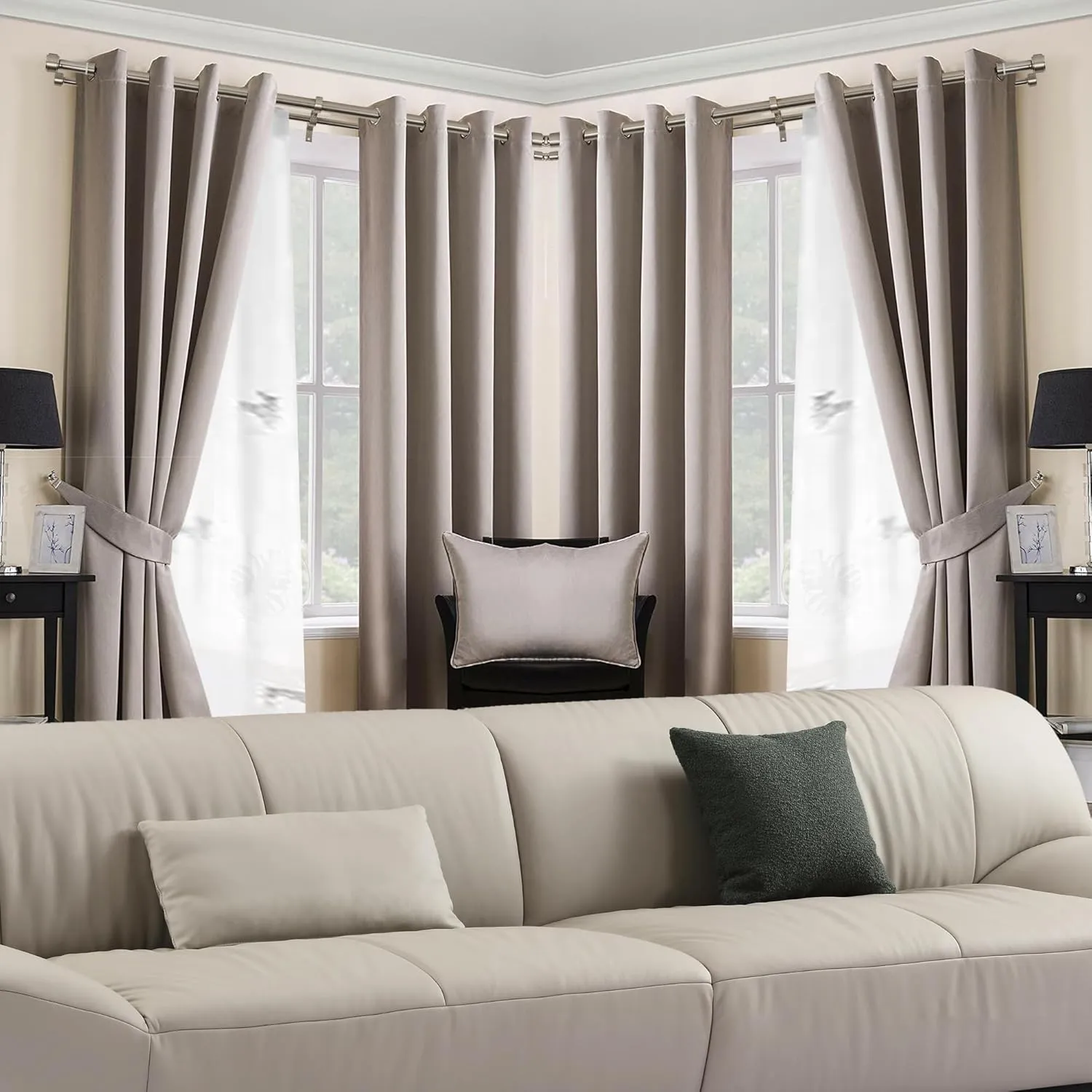 Brushed Nickel Double Corner Window Curtain Rods with Aluminum End Cap Finials and Brackets,1 Inch Diameter Dual Bay Window Curtain Rods, Adjustable 2 Sided 32-86 Inch Double Drapery Rod