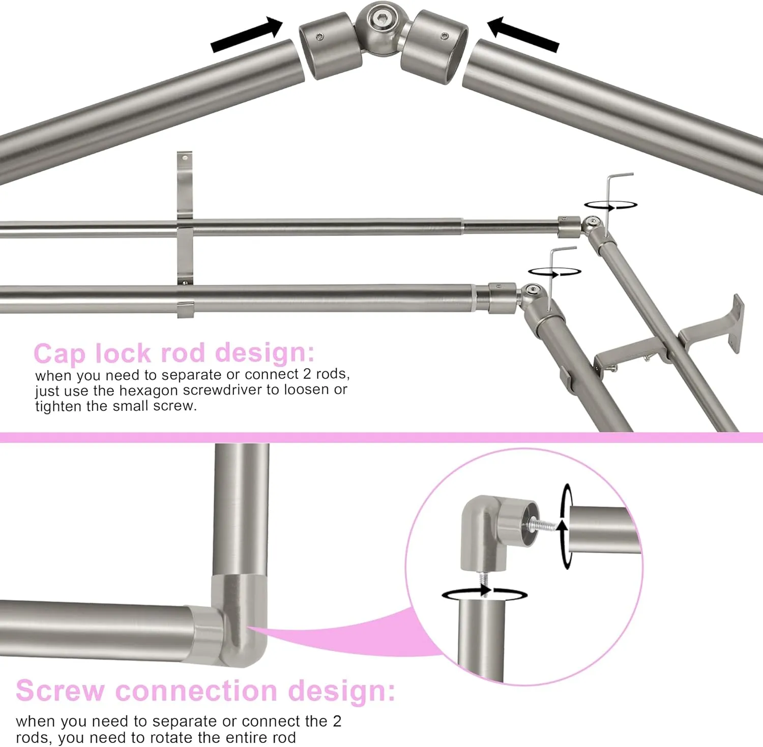Brushed Nickel Double Corner Window Curtain Rods with Aluminum End Cap Finials and Brackets,1 Inch Diameter Dual Bay Window Curtain Rods, Adjustable 2 Sided 32-86 Inch Double Drapery Rod