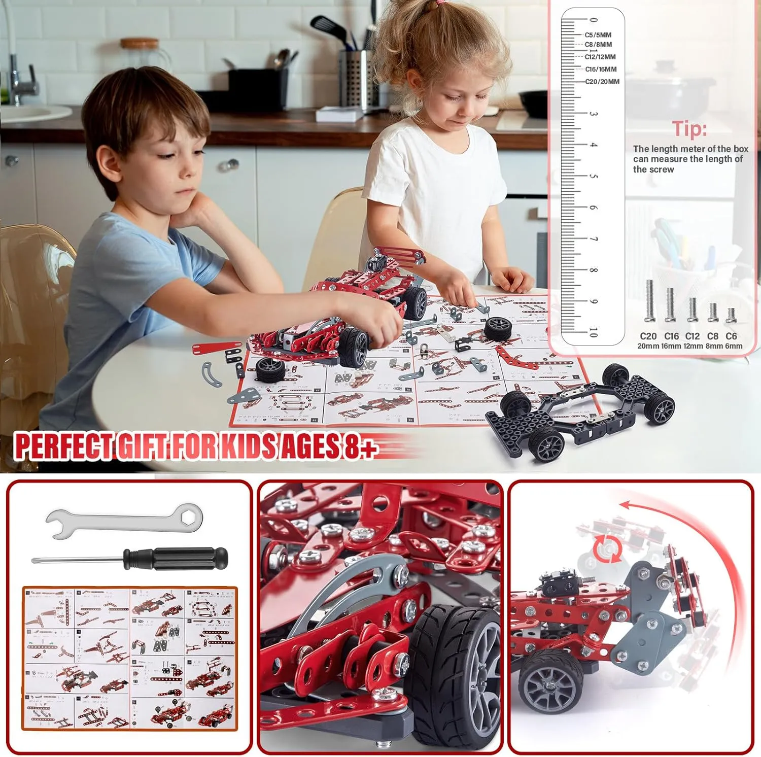 Building Kit Red Model Car Set - 287 PCS STEM Project Building Toys for Kids Ages 8-12, Assembly Building Vehicle for Boys 8 9 10 11 12-16 Years Old and Up Boys Girls Adults