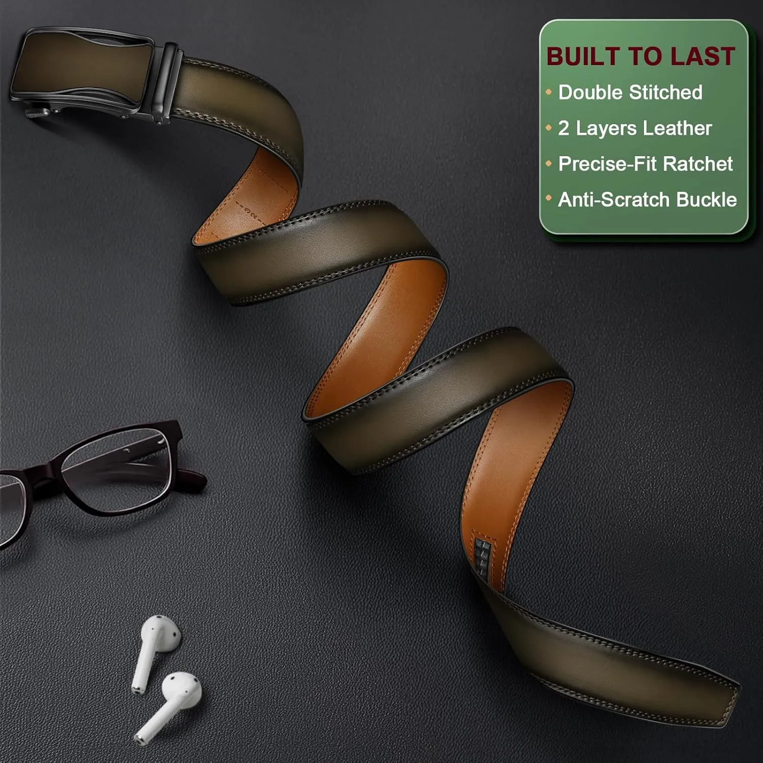 BULLIANT Mens Ratchet Belt,Leather Adjustable Slide Belt For Gift Mens Dress Casual 1 3/8",Size Adjustable