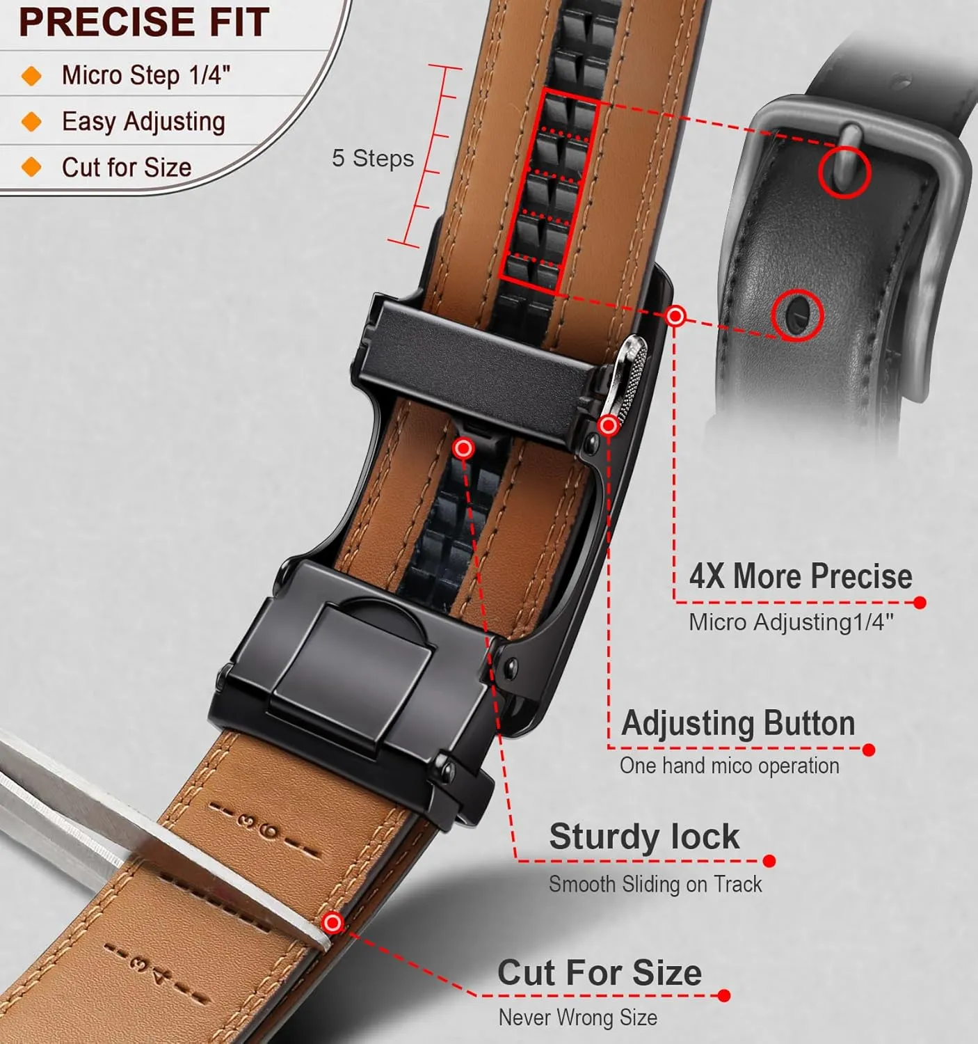 BULLIANT Mens Ratchet Belt,Leather Adjustable Slide Belt For Gift Mens Dress Casual 1 3/8",Size Adjustable
