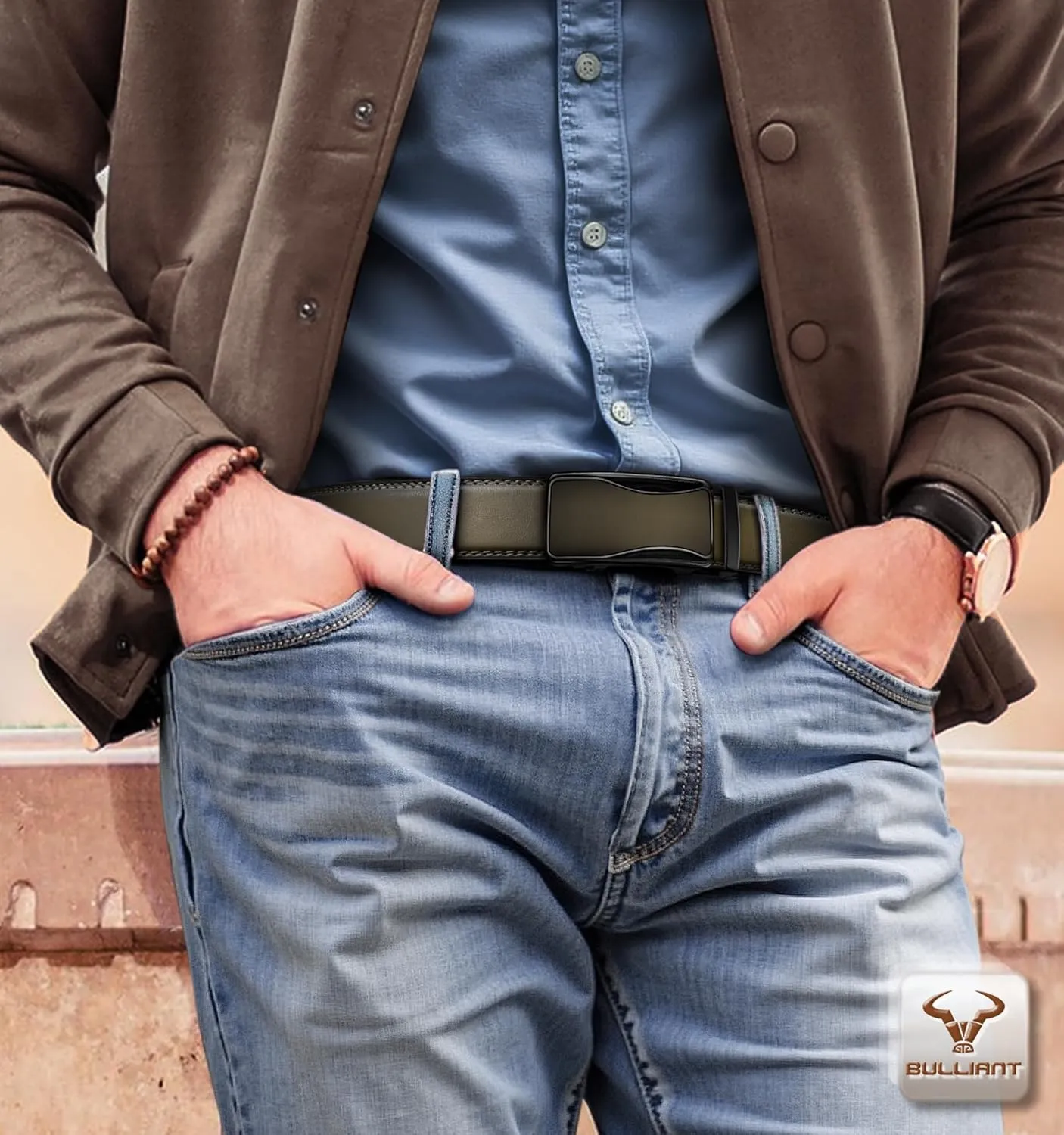 BULLIANT Mens Ratchet Belt,Leather Adjustable Slide Belt For Gift Mens Dress Casual 1 3/8",Size Adjustable