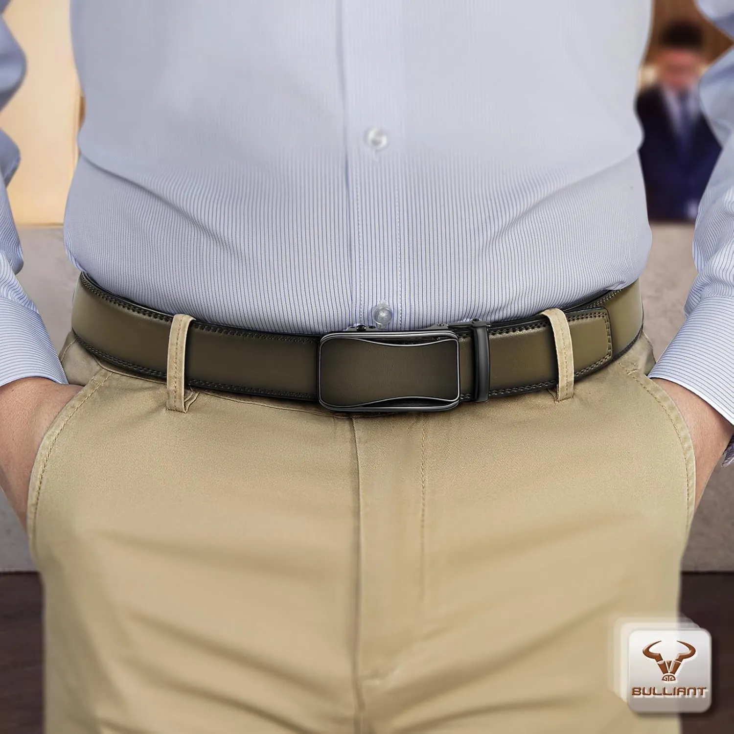 BULLIANT Mens Ratchet Belt,Leather Adjustable Slide Belt For Gift Mens Dress Casual 1 3/8",Size Adjustable