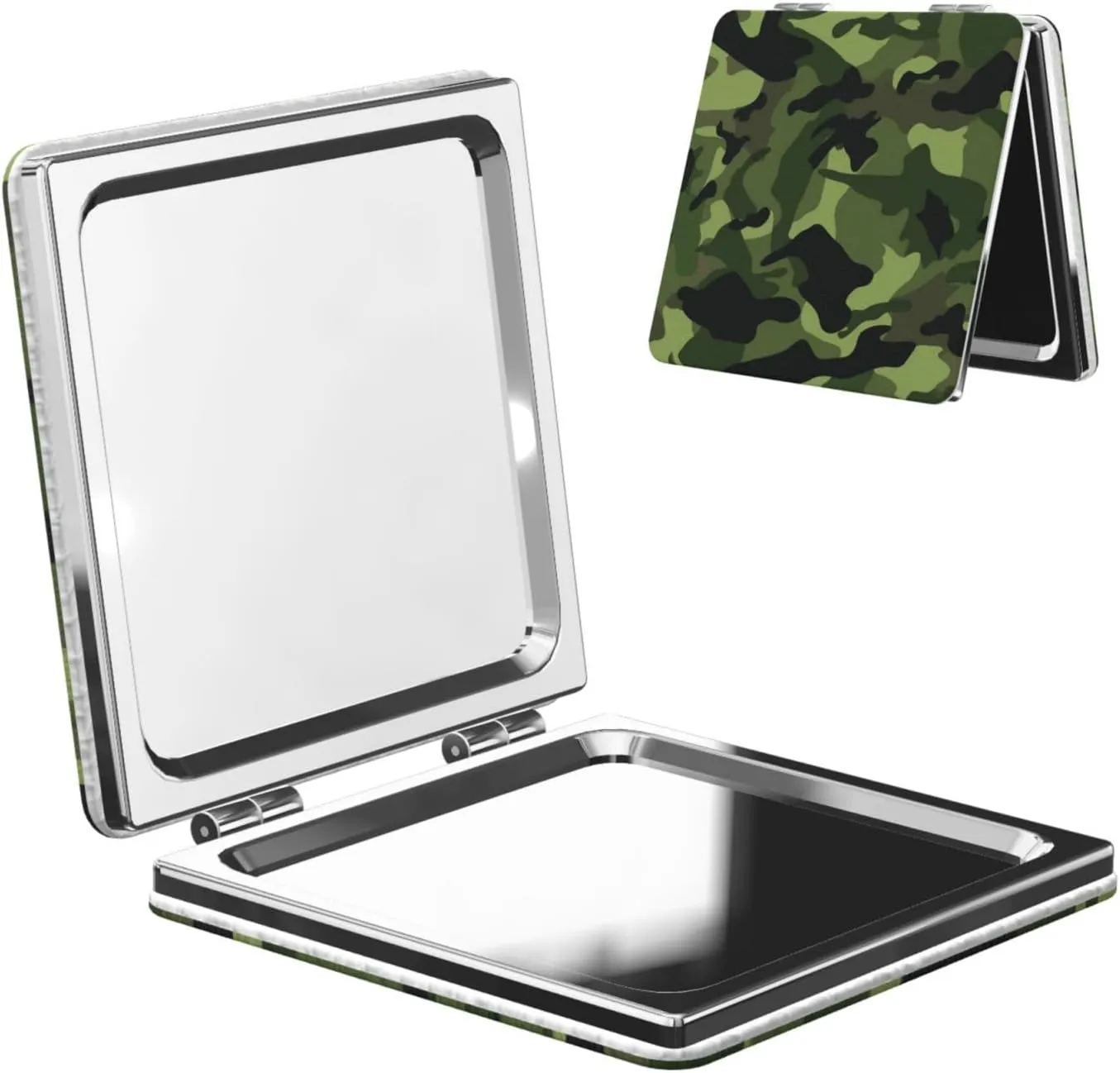 Camouflage Green Printed Square Pocket Makeup Mirror with 1X/2X Magnification, Portable Mini Travel Makeup Mirror for Travel Daily Work Beauty