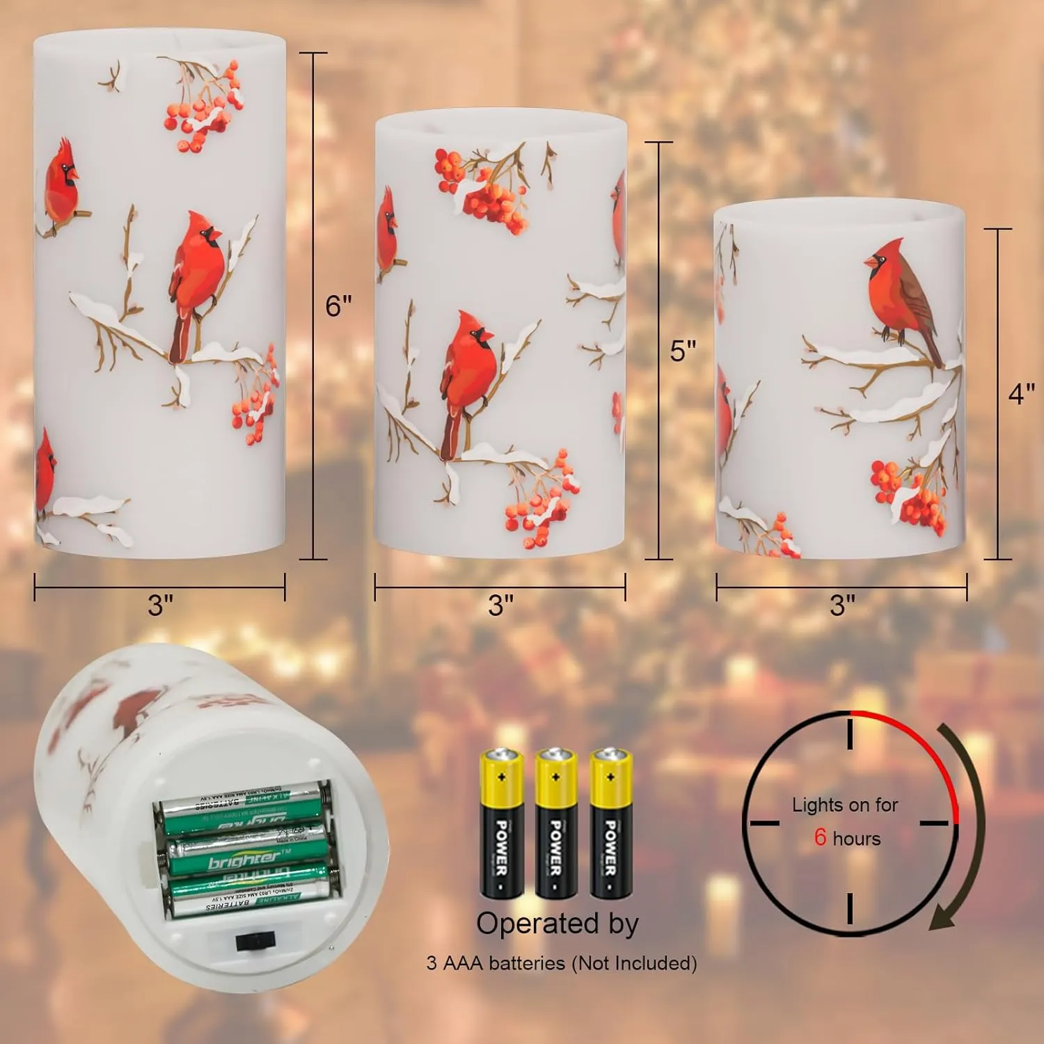 Cardinal Flameless Candles, 3 Pack LED Flickering Pillar Candles with Red Bird Decals, Real Wax Cardinal Home Decor for Halloween Christmas Decor(D3” x H4”5”6”)