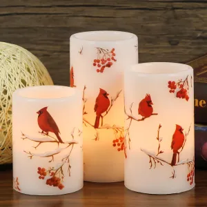 Cardinal Flameless Candles, 3 Pack LED Flickering Pillar Candles with Red Bird Decals, Real Wax Cardinal Home Decor for Halloween Christmas Decor(D3” x H4”5”6”)