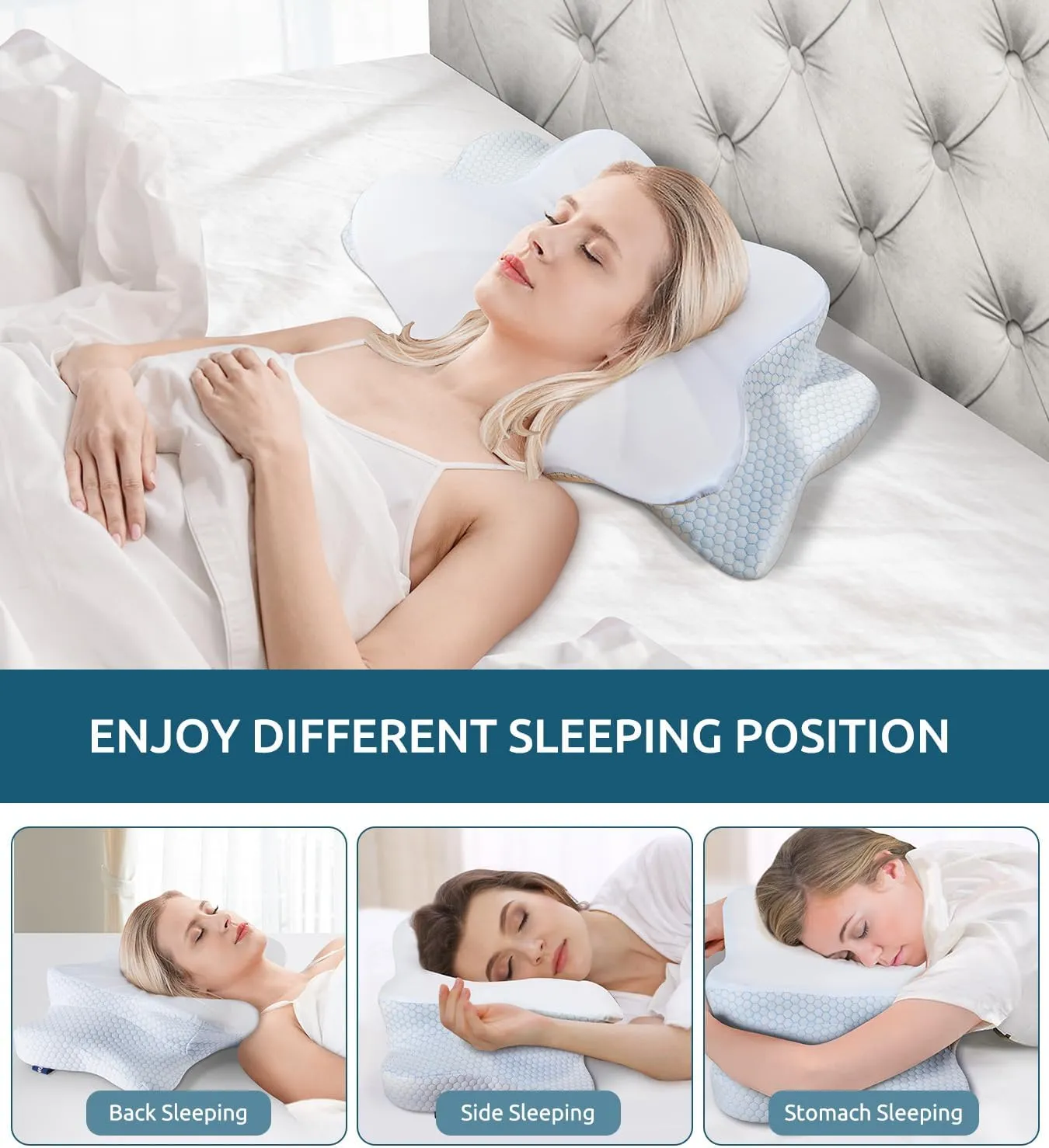 Cervical Memory Foam Pillow for Neck and Shoulder, Ergonomic Contour Cervical Pillow for Sleeping with 2 Heights, Cooling Neck Support Pillows for Side Back Stomach Sleeper Queen Size Blue