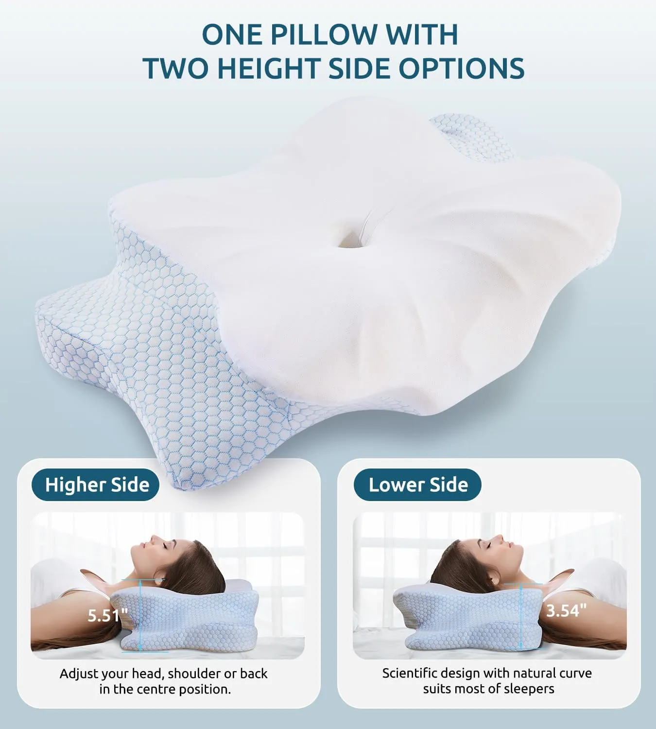 Cervical Memory Foam Pillow for Neck and Shoulder, Ergonomic Contour Cervical Pillow for Sleeping with 2 Heights, Cooling Neck Support Pillows for Side Back Stomach Sleeper Queen Size Blue
