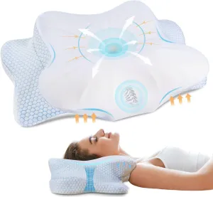 Cervical Memory Foam Pillow for Neck and Shoulder, Ergonomic Contour Cervical Pillow for Sleeping with 2 Heights, Cooling Neck Support Pillows for Side Back Stomach Sleeper Queen Size Blue