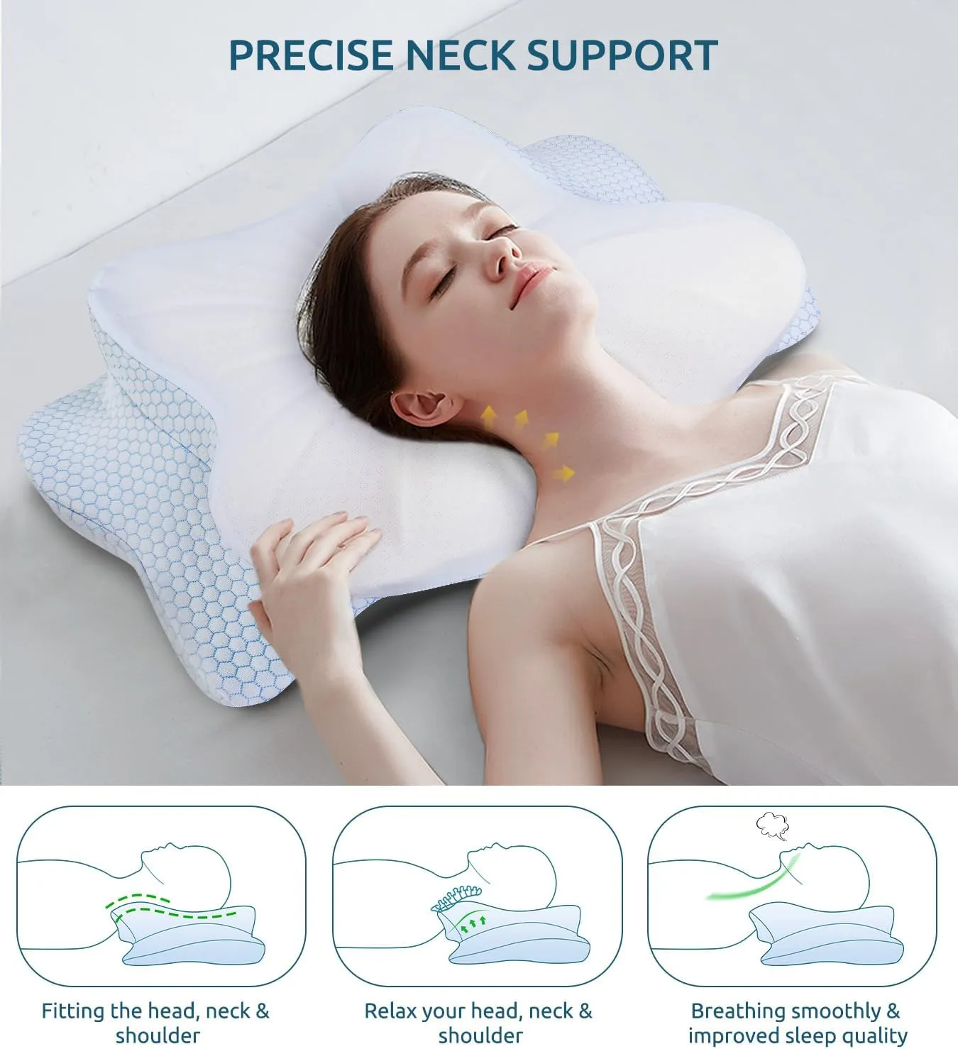 Cervical Memory Foam Pillow for Neck and Shoulder, Ergonomic Contour Cervical Pillow for Sleeping with 2 Heights, Cooling Neck Support Pillows for Side Back Stomach Sleeper Queen Size Blue