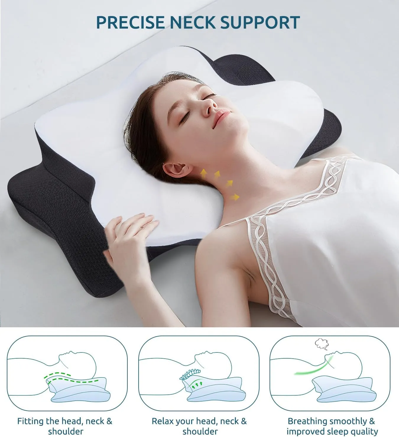 Cervical Neck Pillow for Neck & Shoulder, Ergonomic Contour Memory Foam Pillows for Sleeping with Washable Pillowcase, Cooling Neck Support Pillow for Back Stomach Side Sleeper Queen Size Black