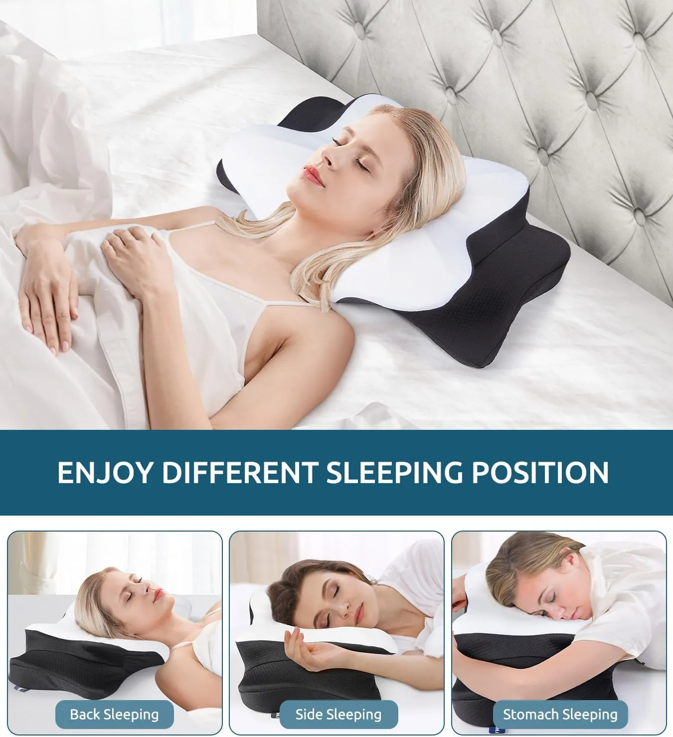 Cervical Neck Pillow for Neck & Shoulder, Ergonomic Contour Memory Foam Pillows for Sleeping with Washable Pillowcase, Cooling Neck Support Pillow for Back Stomach Side Sleeper Queen Size Black