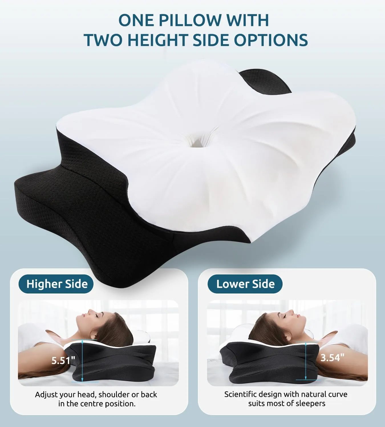 Cervical Neck Pillow for Neck & Shoulder, Ergonomic Contour Memory Foam Pillows for Sleeping with Washable Pillowcase, Cooling Neck Support Pillow for Back Stomach Side Sleeper Queen Size Black