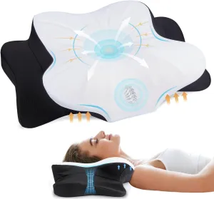 Cervical Neck Pillow for Neck & Shoulder, Ergonomic Contour Memory Foam Pillows for Sleeping with Washable Pillowcase, Cooling Neck Support Pillow for Back Stomach Side Sleeper Queen Size Black